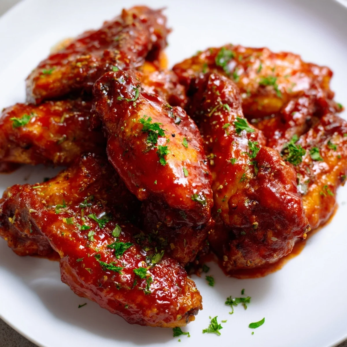 Close-up of Crispy Baked Chicken Wings glistening with buttery hot sauce, served alongside blue cheese dip and celery sticks.