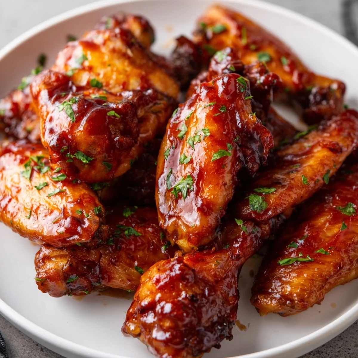 Golden brown Crispy Baked Chicken Wings coated in a glossy, tangy red hot sauce and sprinkled with fresh parsley.