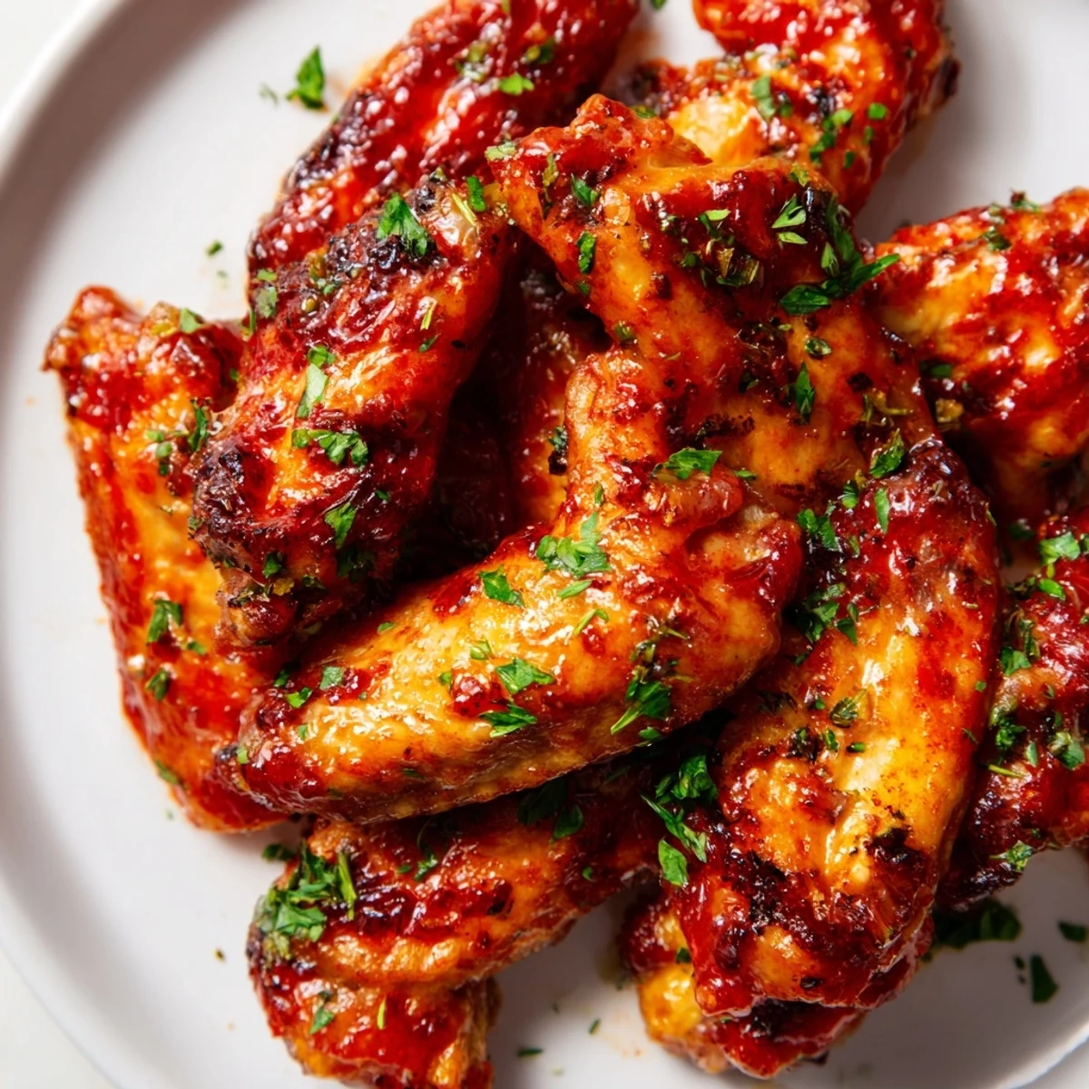Platter of golden Crispy Baked Chicken Wings tossed in spicy sauce, ready to be enjoyed at a casual party gathering.