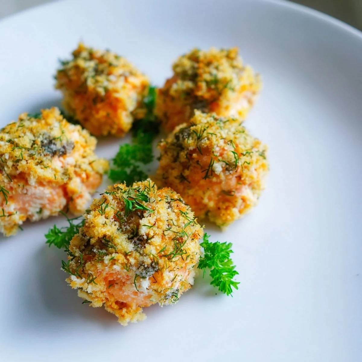 Golden brown Baked Salmon Snack Bites fresh from the oven, garnished with fresh dill and lemon wedges.