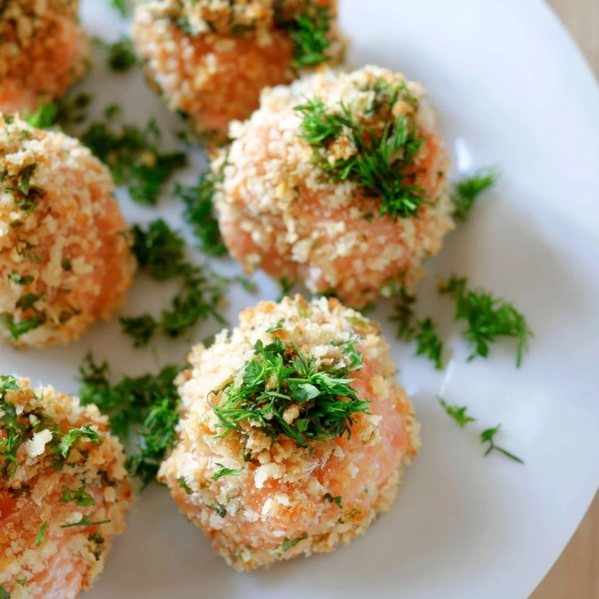 Crispy panko-coated Baked Salmon Snack Bites arranged on a serving platter with a dipping sauce.