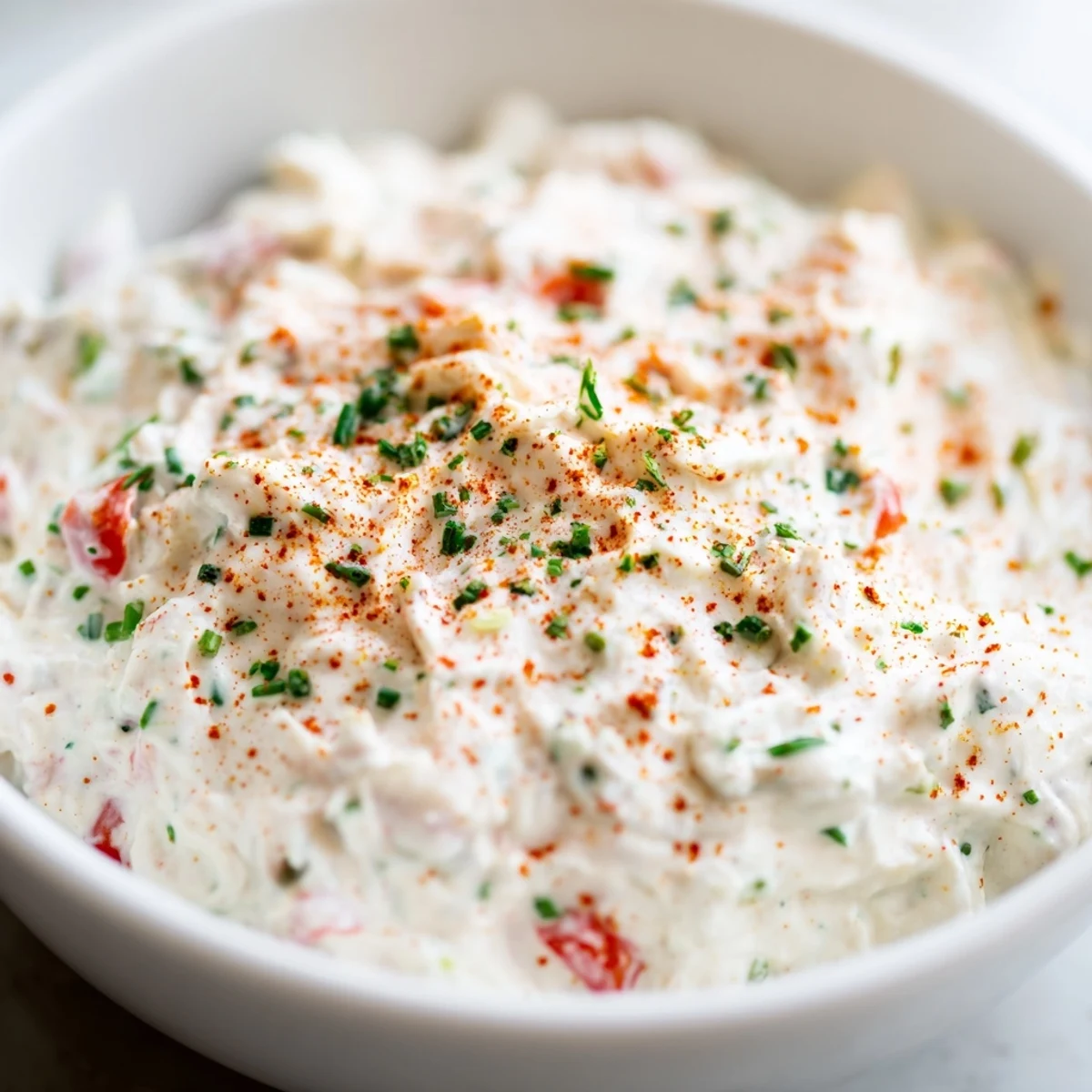 A bowl of creamy appetizer dip topped with fresh chives and paprika, served with vibrant raw veggies for dipping.