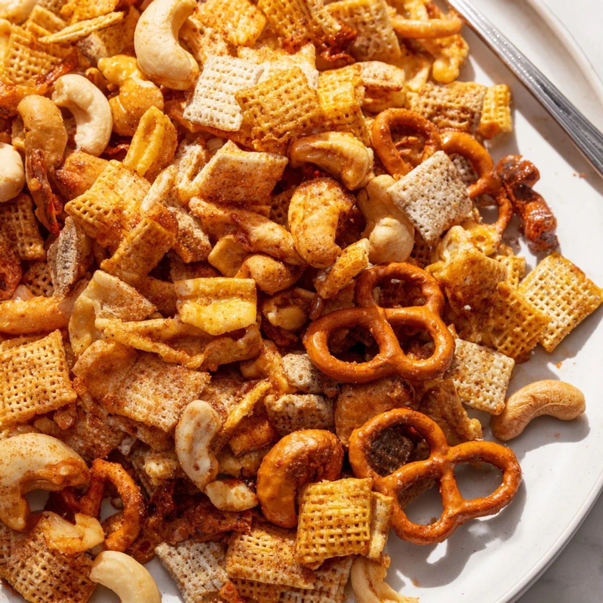 Golden-brown Spicy Snack Mix with pretzels, nuts, and cereal on a baking sheet, still warm from the oven.