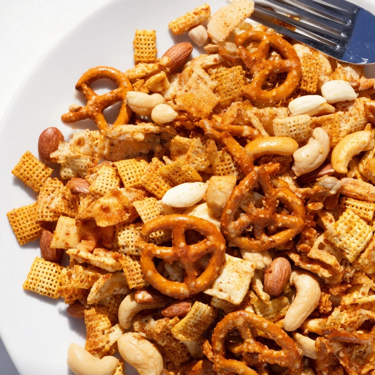 Family-style platter of Spicy Snack Mix with pretzels, nuts, and crackers, ready to serve at a party.