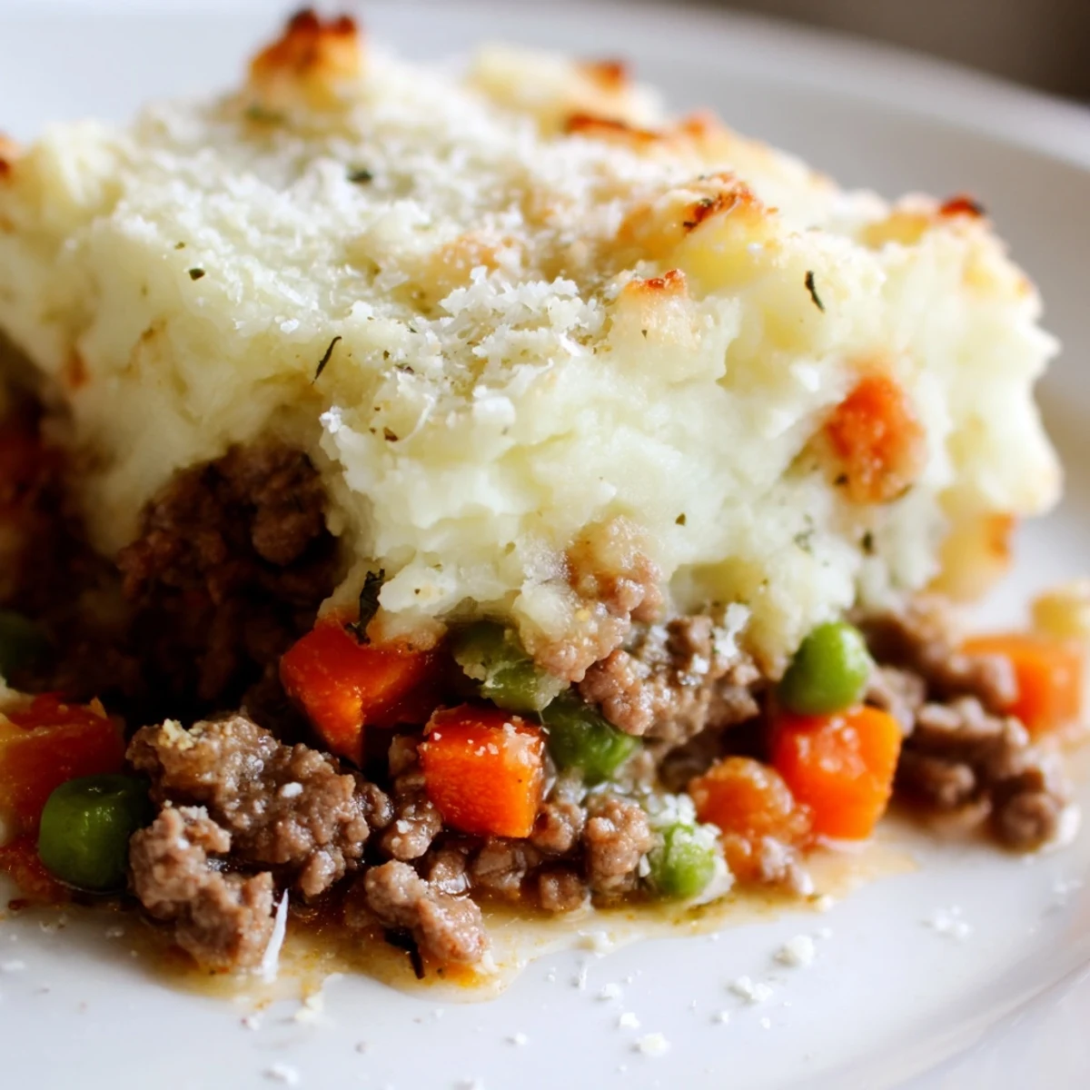 Golden-brown Beef Shepherds Pie with Cauliflower Mash bubbling in a ceramic dish, ready to serve.
