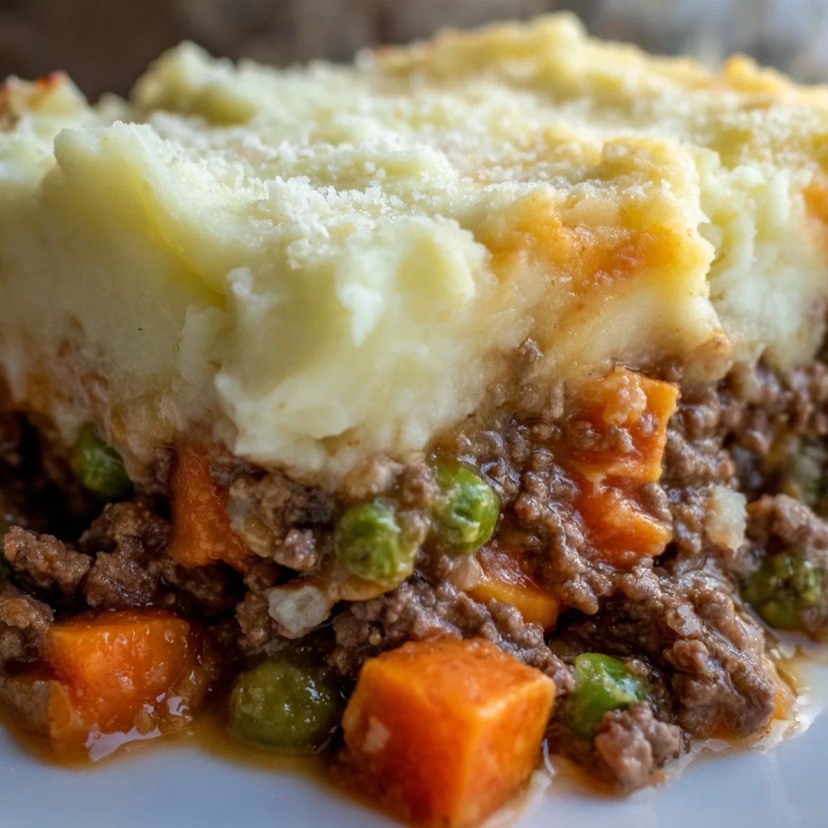 Savory Beef Shepherds Pie with Cauliflower Mash served in a dish, garnished with thyme.