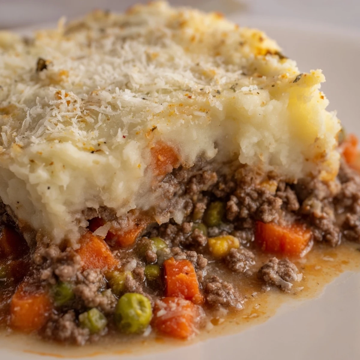 Freshly baked Beef Shepherds Pie with Cauliflower Mash topped with golden Parmesan crust.