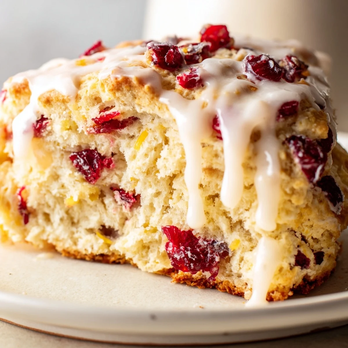 Freshly glazed Cranberry Orange Scones on a rustic wooden board surrounded by bright orange slices.