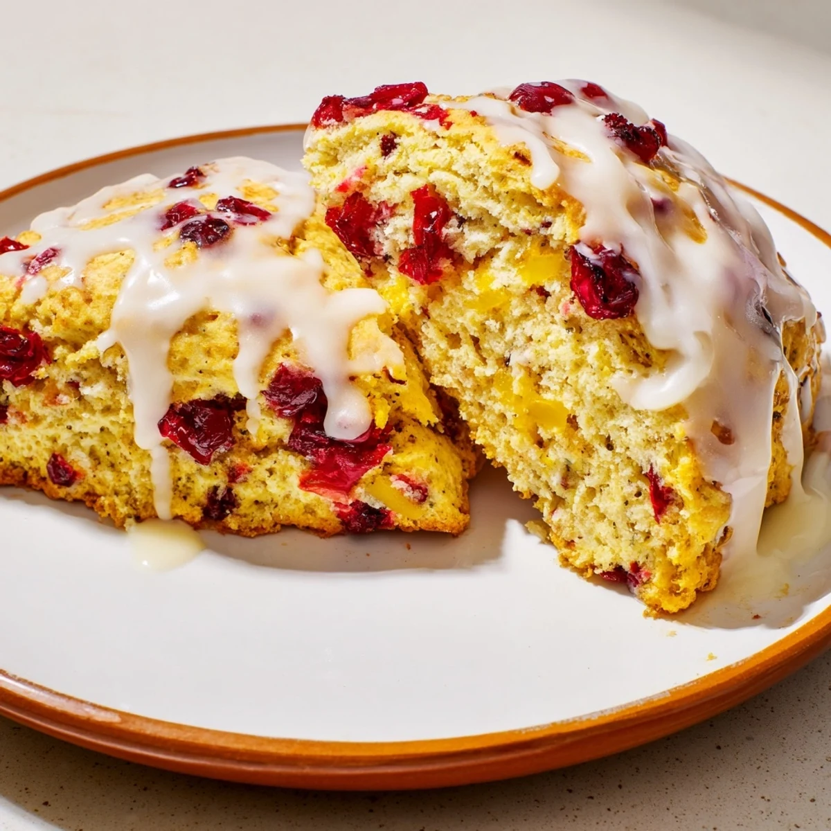 Warm Cranberry Orange Scones with orange glaze drizzled over the tops, perfect for a cozy breakfast.