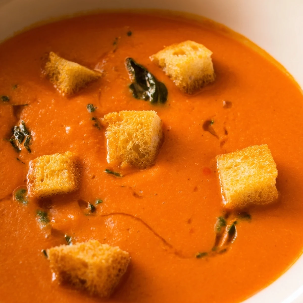 The velvety Creamy Tomato Basil Bisque with Croutons pairs beautifully with a grilled cheese sandwich, served on a cozy lunch table.
