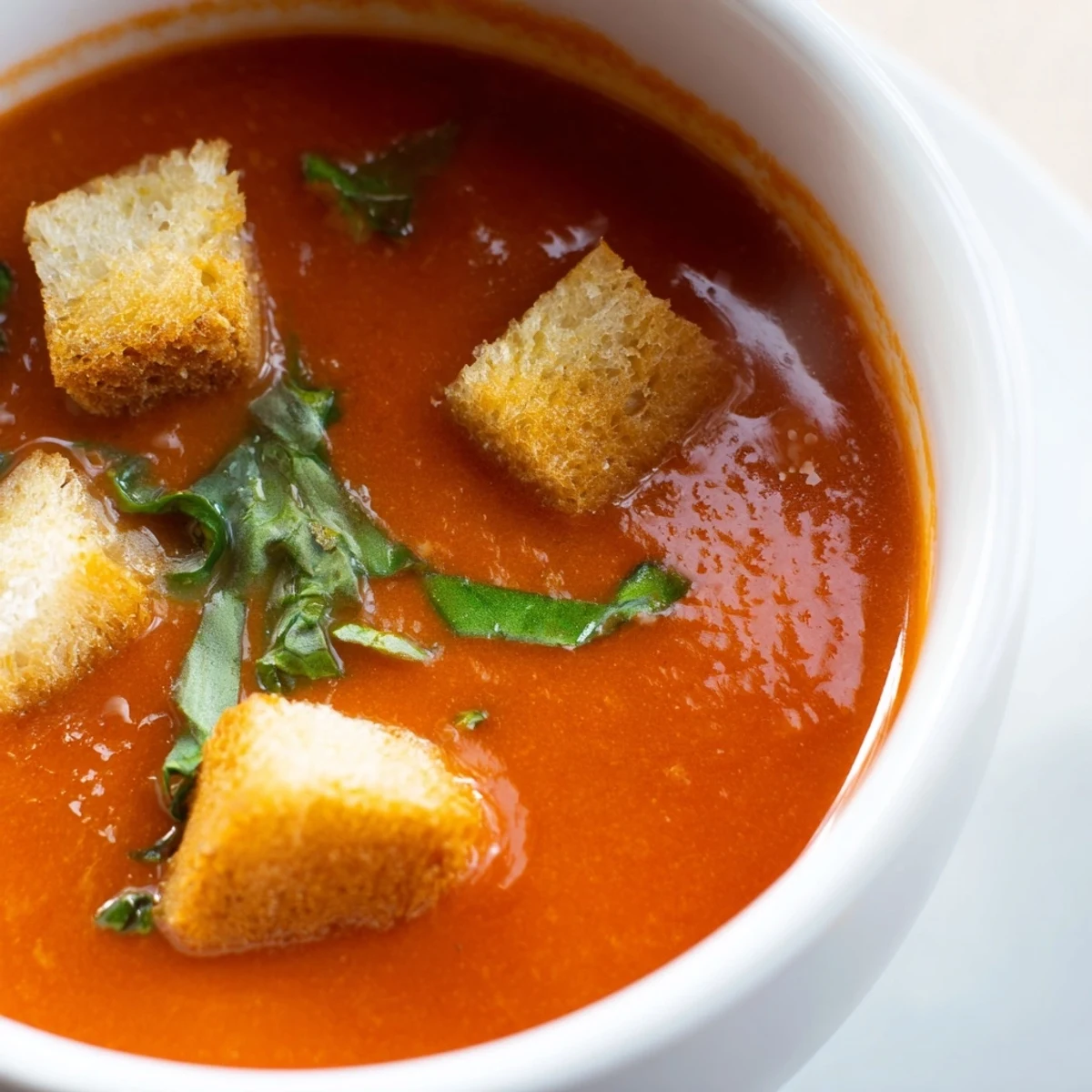 Close-up of Creamy Tomato Basil Bisque with Croutons, featuring rich red-orange texture, fresh basil, and crunchy golden croutons topping the soup.
