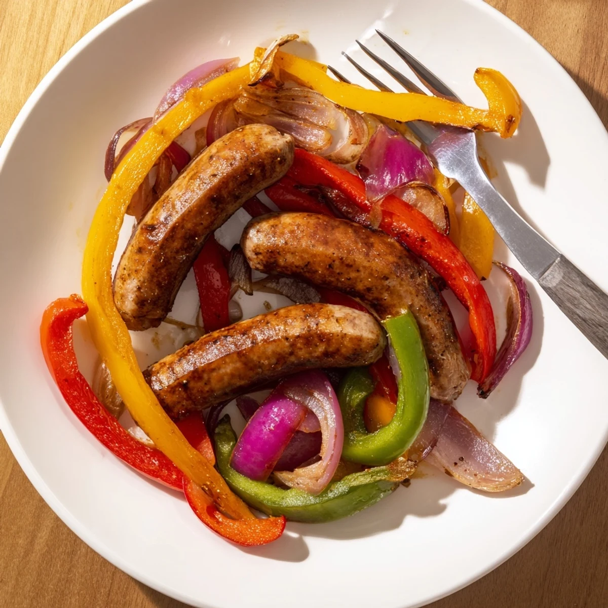 Golden-brown Italian sausages roast with vibrant, caramelized bell peppers and onions on a single sheet pan for an easy dinner.