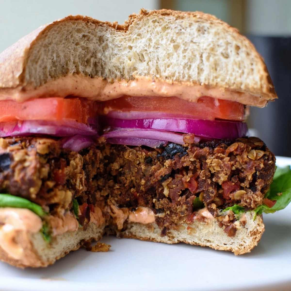 Hearty Vegan Black Bean Burger with Chipotle Mayo, stacked high with fresh toppings.