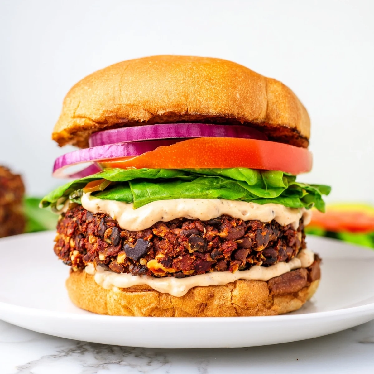 Smoky Vegan Black Bean Burger with Chipotle Mayo served on a toasted bun with pickles.