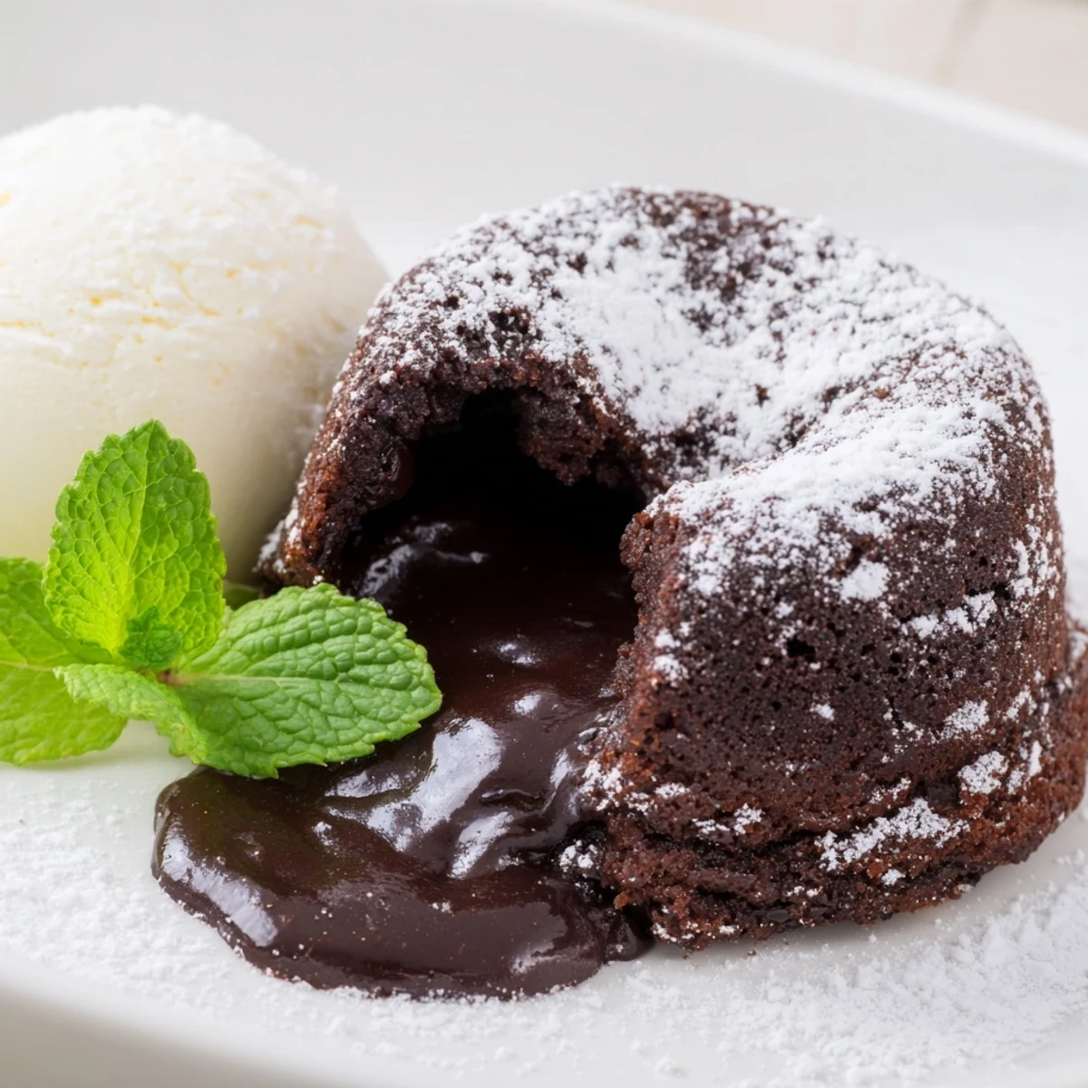 Golden Chocolate Lava Cakes with Vanilla Ice Cream melt on a white plate, rich ganache dripping from the warm center.
