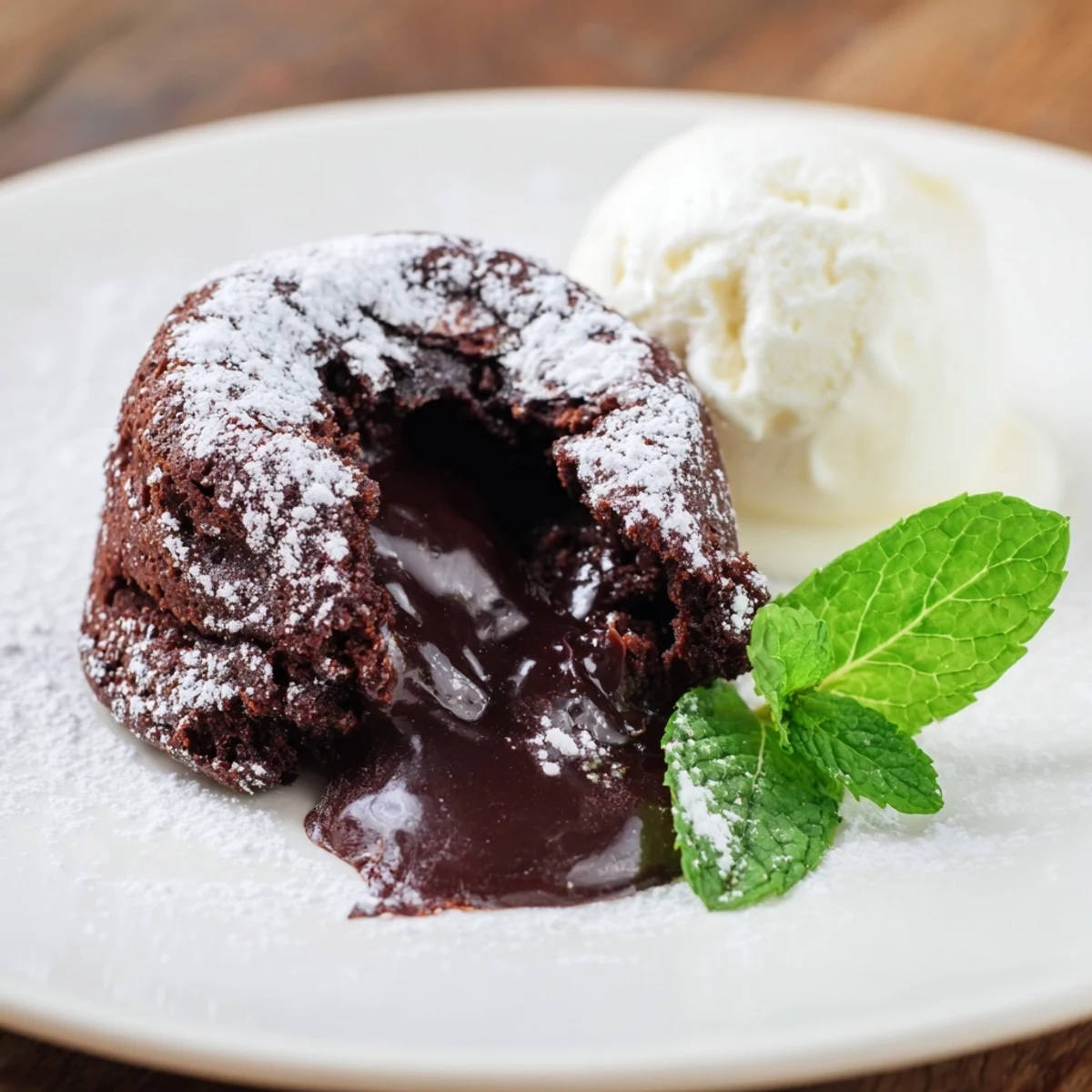 Fork poised over Chocolate Lava Cakes with Vanilla Ice Cream, highlighting the gooey, molten chocolate center and creamy scoop.