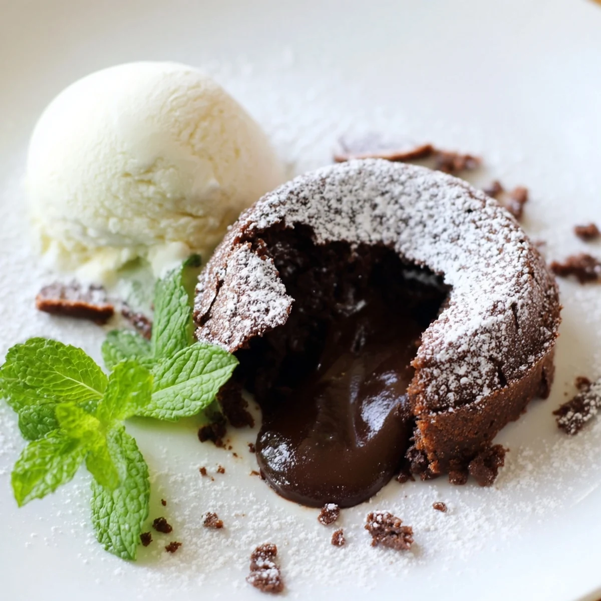 Four warm Chocolate Lava Cakes with Vanilla Ice Cream sit on a rustic table, dusted with powdered sugar and fresh berries.