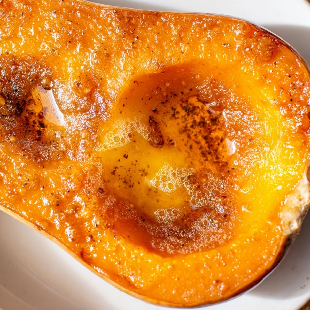 Golden roasted squash halves glistening with brown sugar butter glaze on a rustic wooden board.