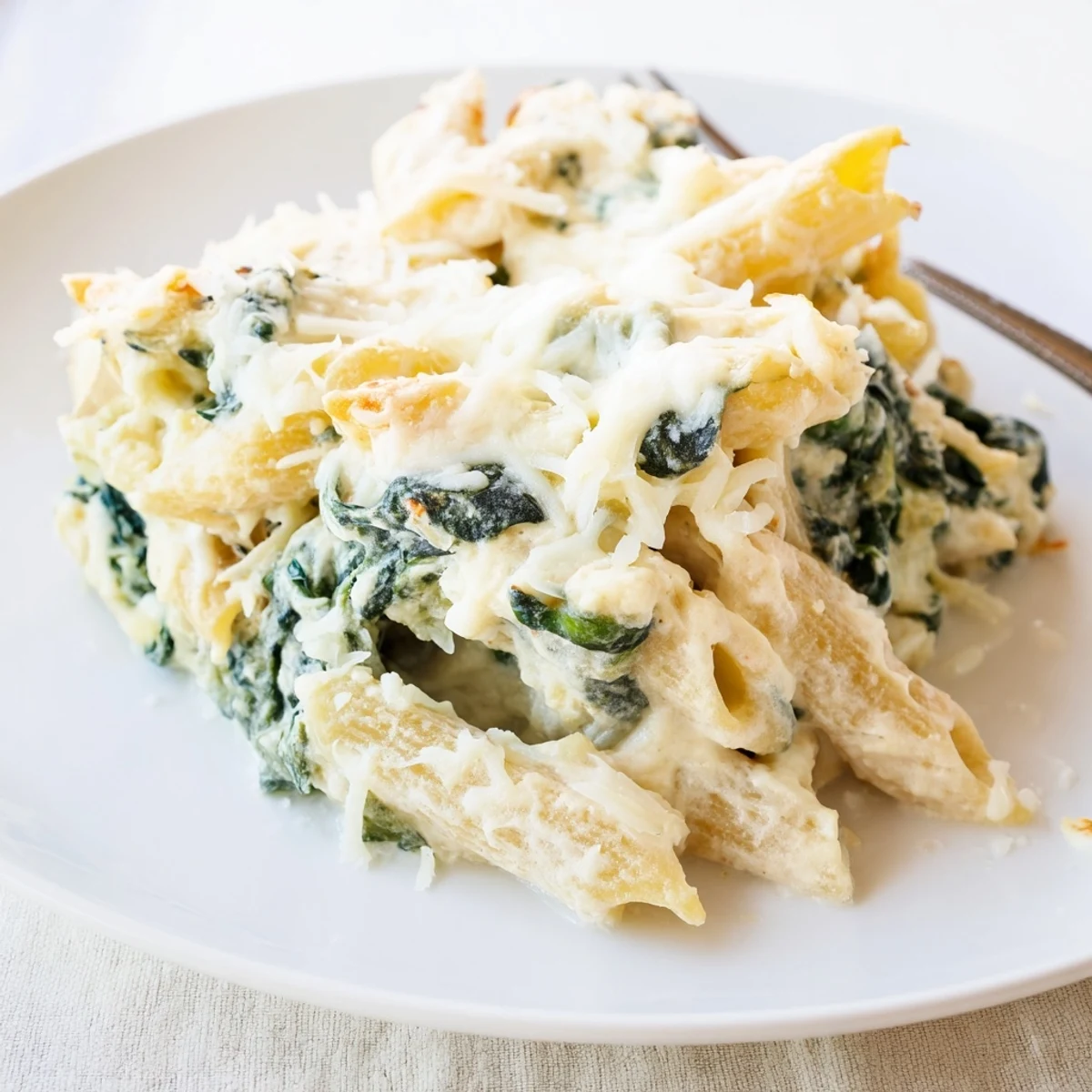 Golden, bubbling Creamy Spinach and Cheese Pasta Bake fresh from the oven, served as a cozy vegetarian family dinner.
