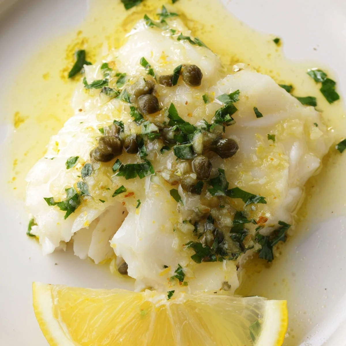 Flaky, oven-baked cod fillets topped with a sizzling, zesty lemon butter sauce, served alongside roasted asparagus for an easy dinner.