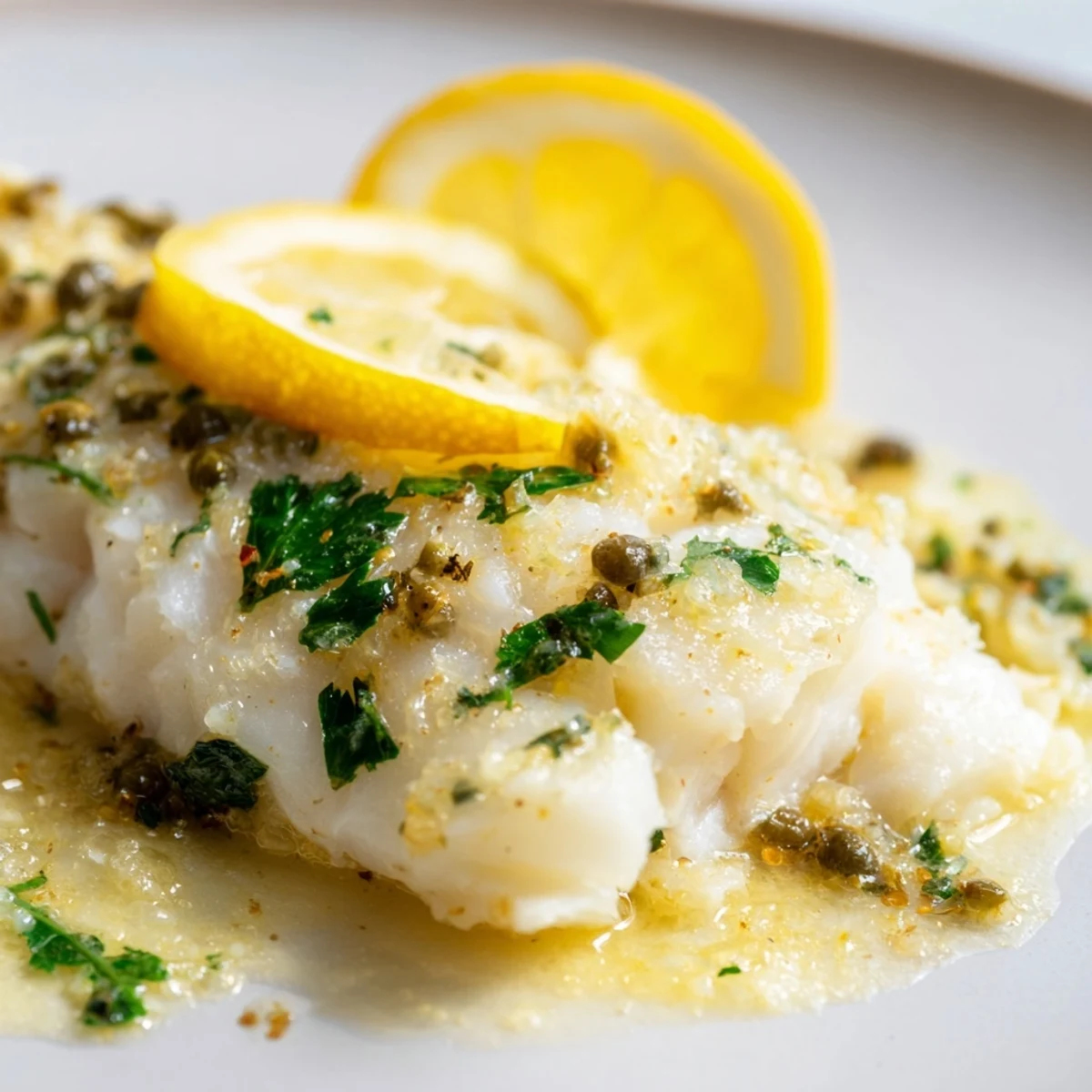 Savory Baked Cod with Lemon Butter Sauce, finished with a drizzle of sauce and fresh herbs, perfect for a weeknight meal.