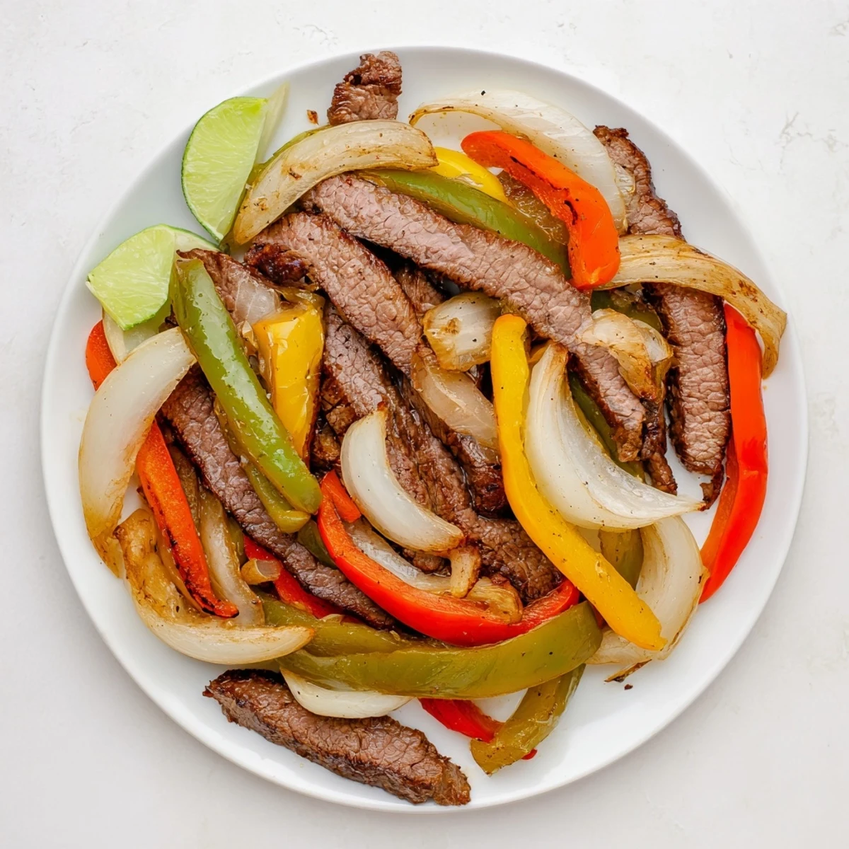 Beef Fajita Skillet with Peppers sizzling in a hot pan, with tender beef strips and colorful vegetables getting a nice char. 