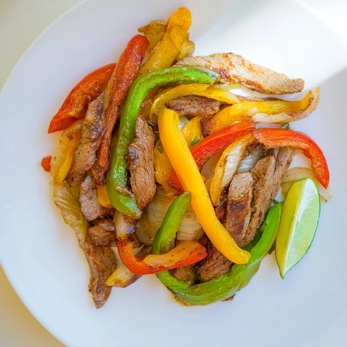 Vibrant Beef Fajita Skillet with Peppers packed with sautéed onions and bell peppers, ready for loading into soft tortillas.