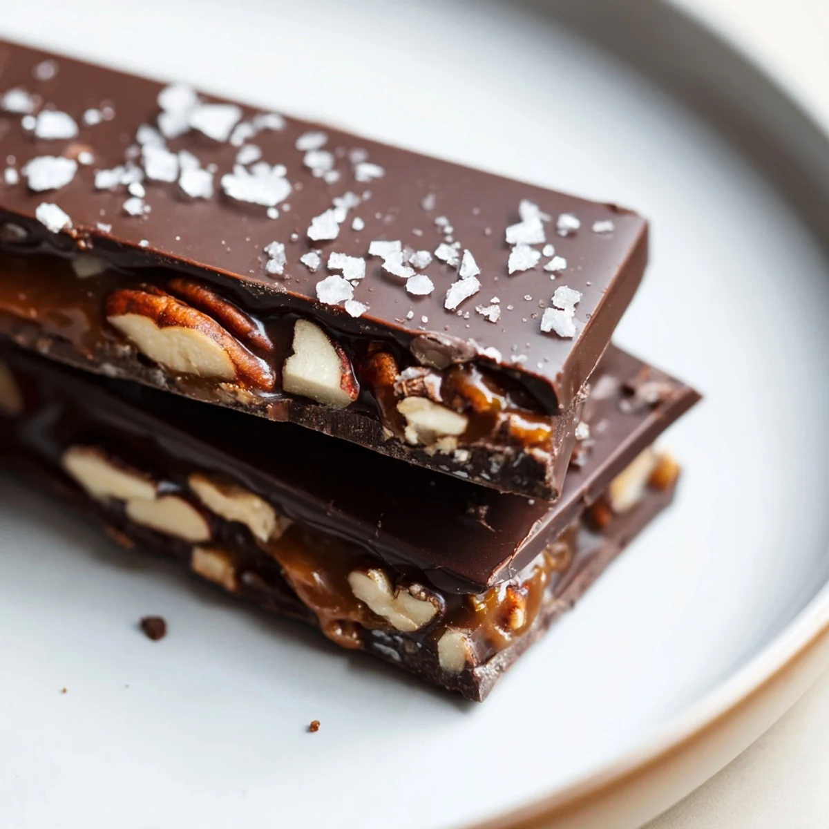 Close-up of rich Chocolate Bars with Caramel and Nuts, showing gooey caramel and crunchy pecans
