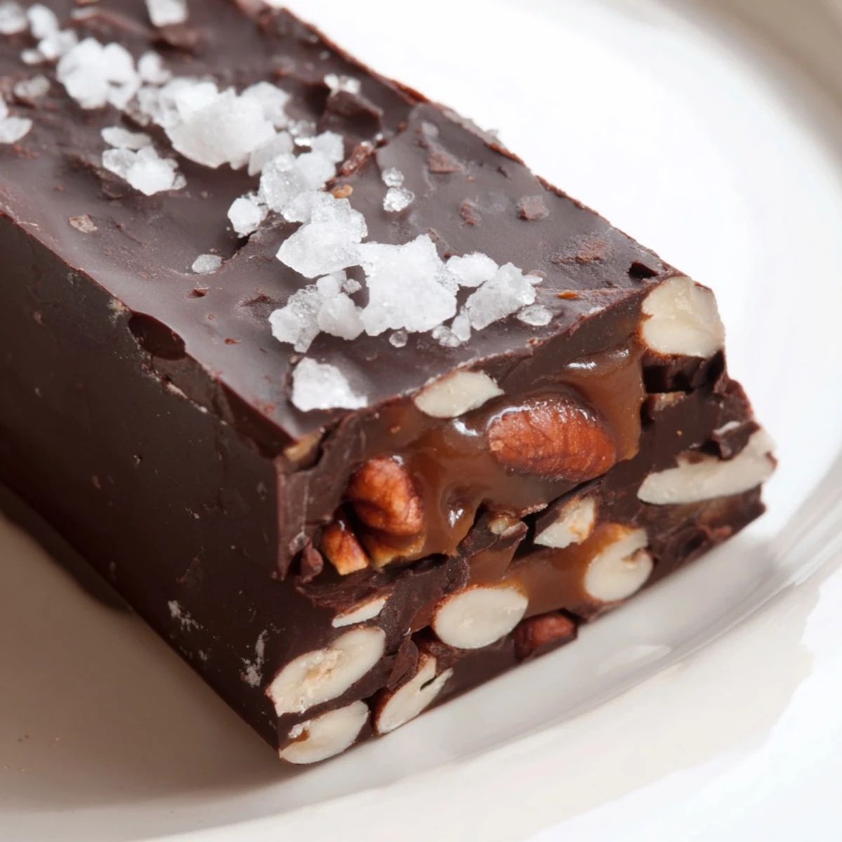 Stack of homemade Chocolate Bars with Caramel and Nuts on a white plate, ready to serve