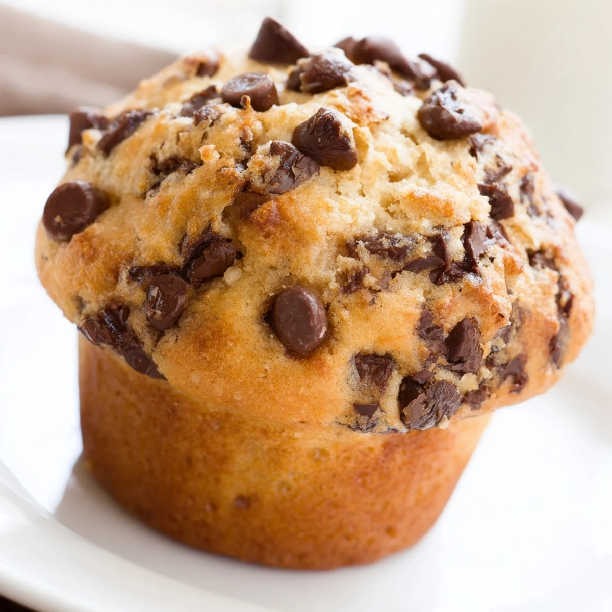 Golden-brown Chocolate Chip Muffins cool on a wire rack, their crumbly tops glistening with semi-sweet chocolate chips.