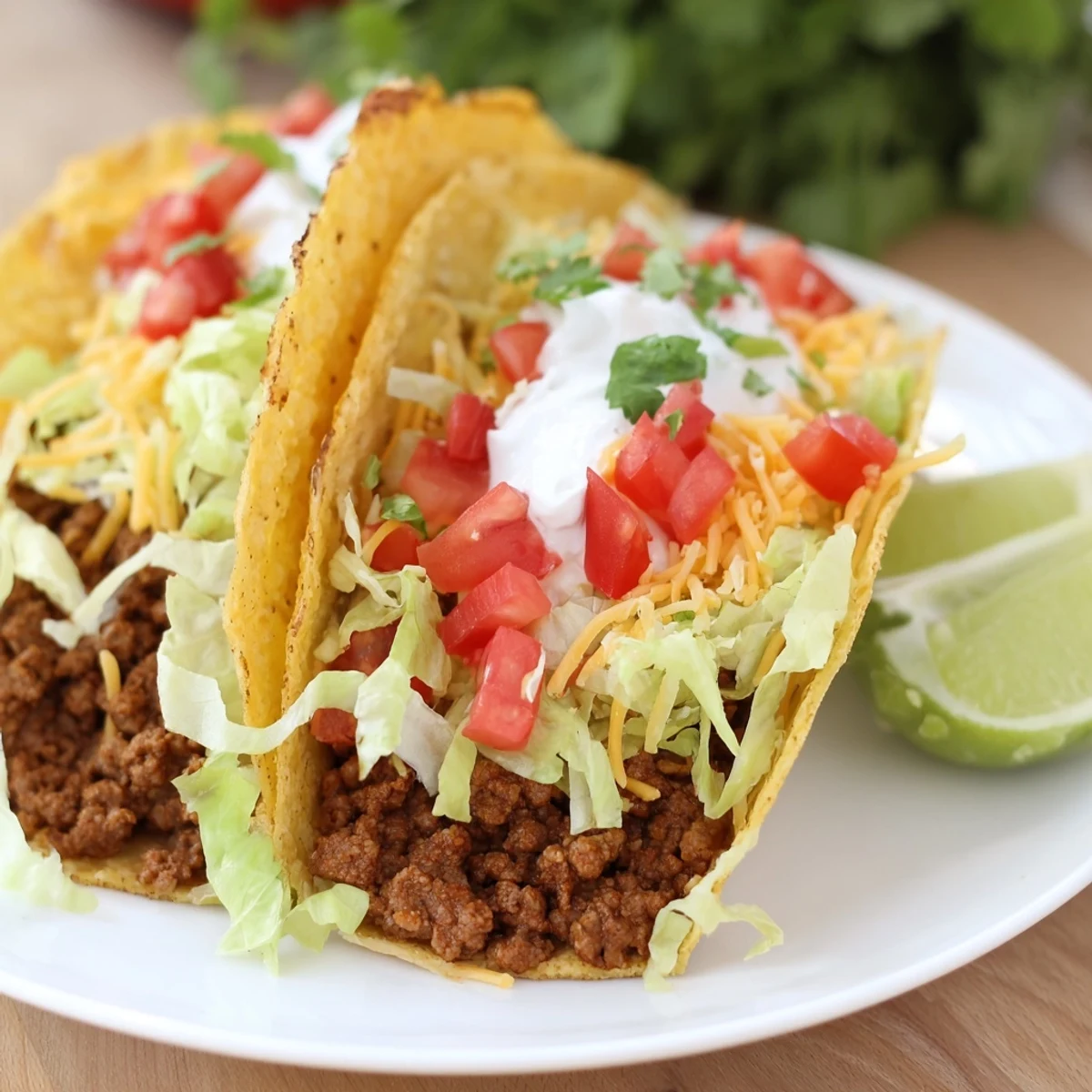Sizzling seasoned ground beef fills soft flour taco shells, topped with crisp lettuce, diced tomatoes, shredded cheese, and a dollop of cool sour cream.