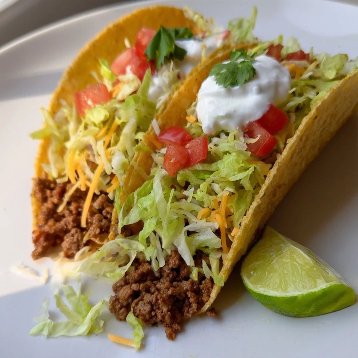 A close-up view of crunchy corn tacos with savory beef, fresh cilantro, melted cheese, and a drizzle of sour cream ready to serve.