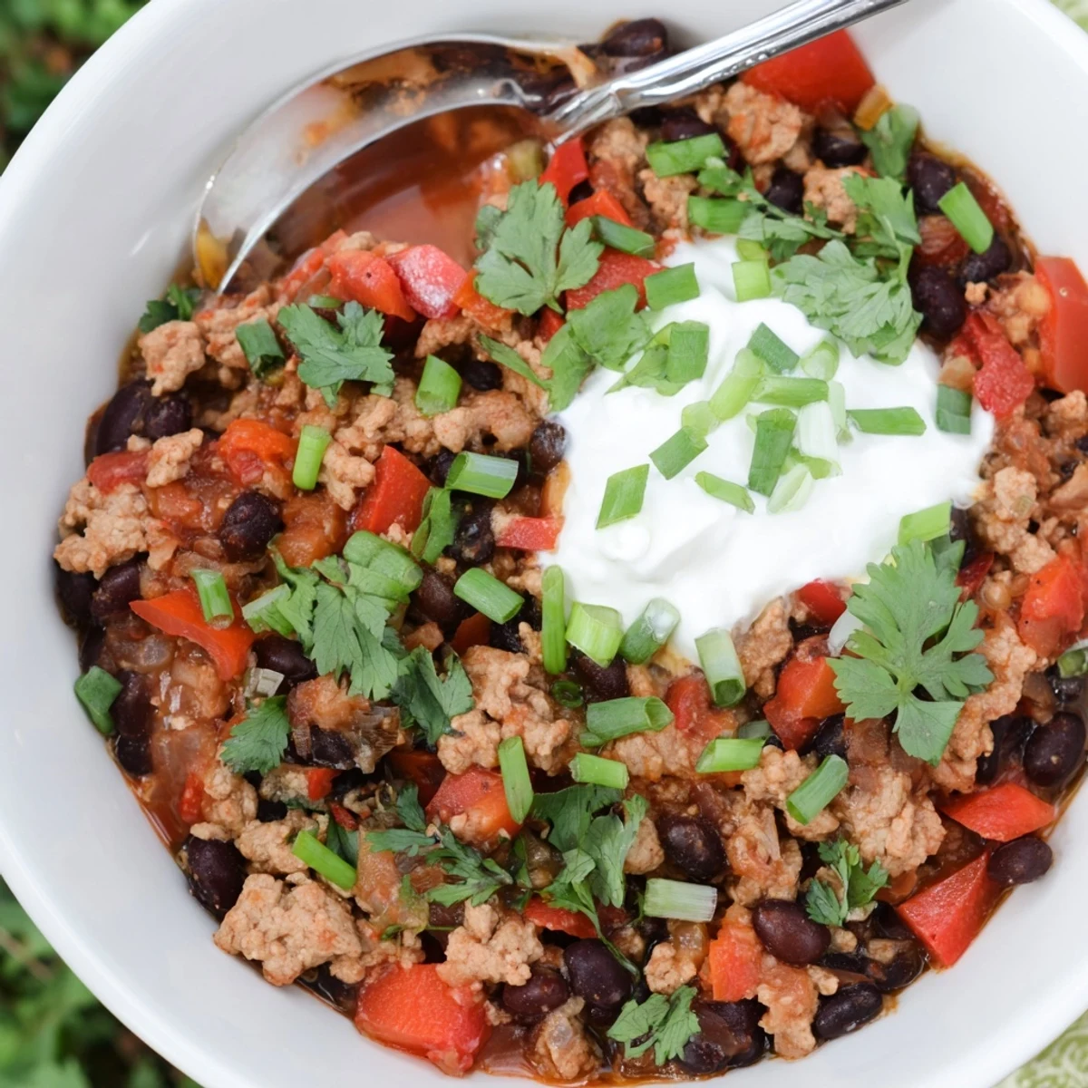 A comforting bowl of turkey chili with black beans, topped with melted cheddar and fresh cilantro, perfect for a cozy weeknight dinner.