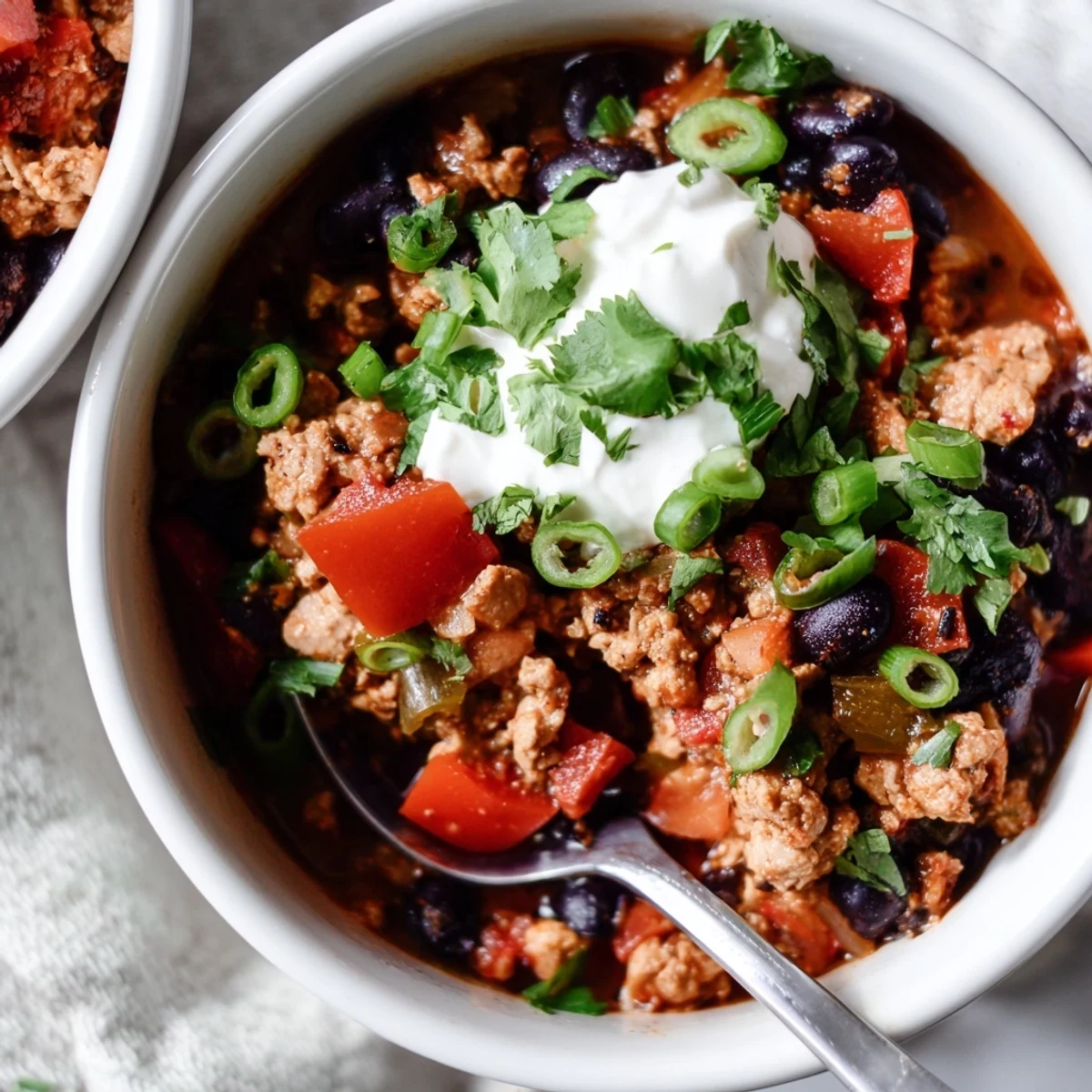 This hearty turkey chili with black beans is simmering in a pot, with rich tomato broth and tender ground turkey meat.