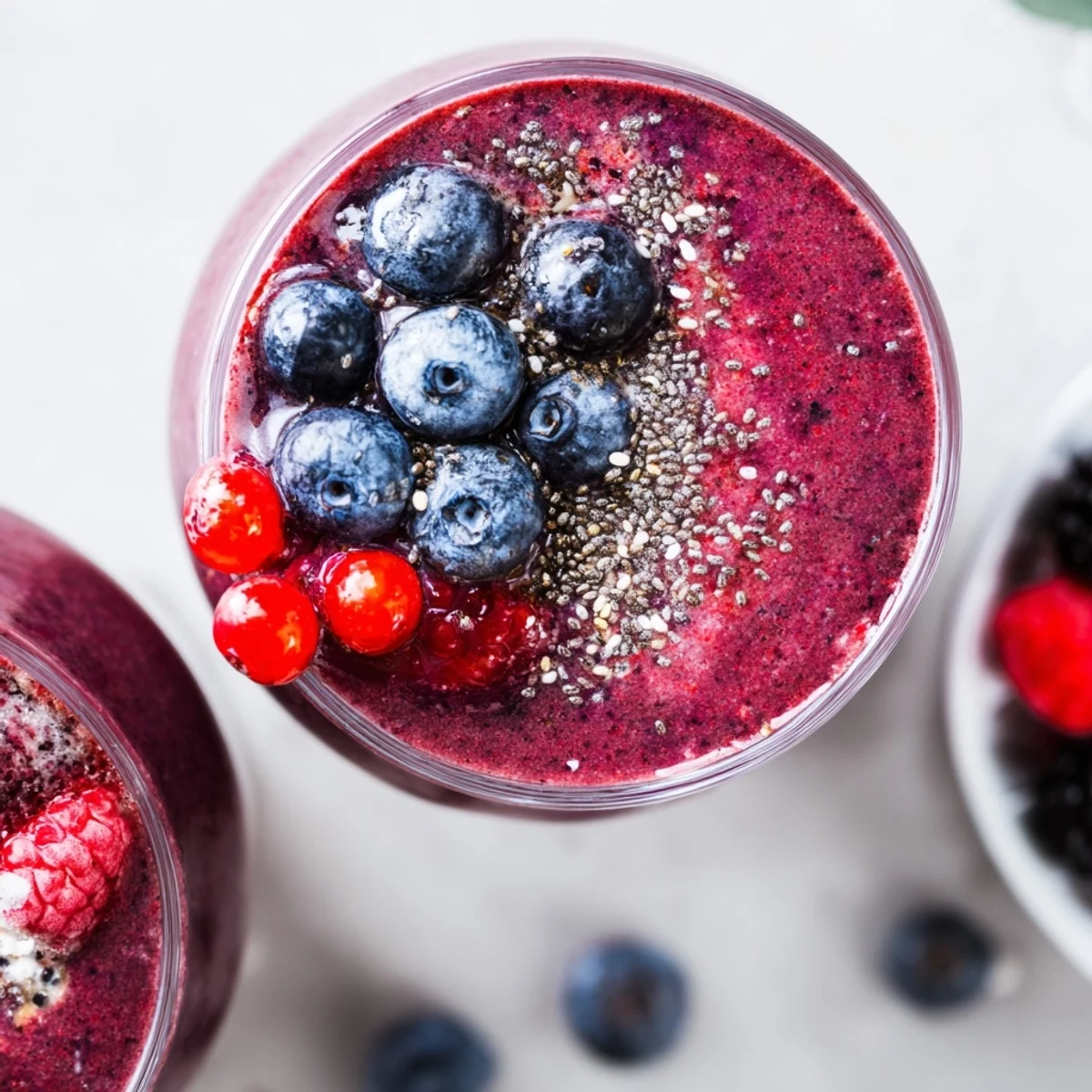 Frosted glasses of the Winter Berry Smoothie, topped with fresh berries and chia seeds, glow with a rich purple hue.