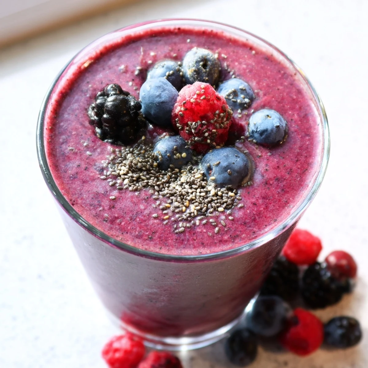 A close-up of the Winter Berry Smoothie reveals its creamy, thick texture, garnished with vibrant fresh raspberries and blueberries.