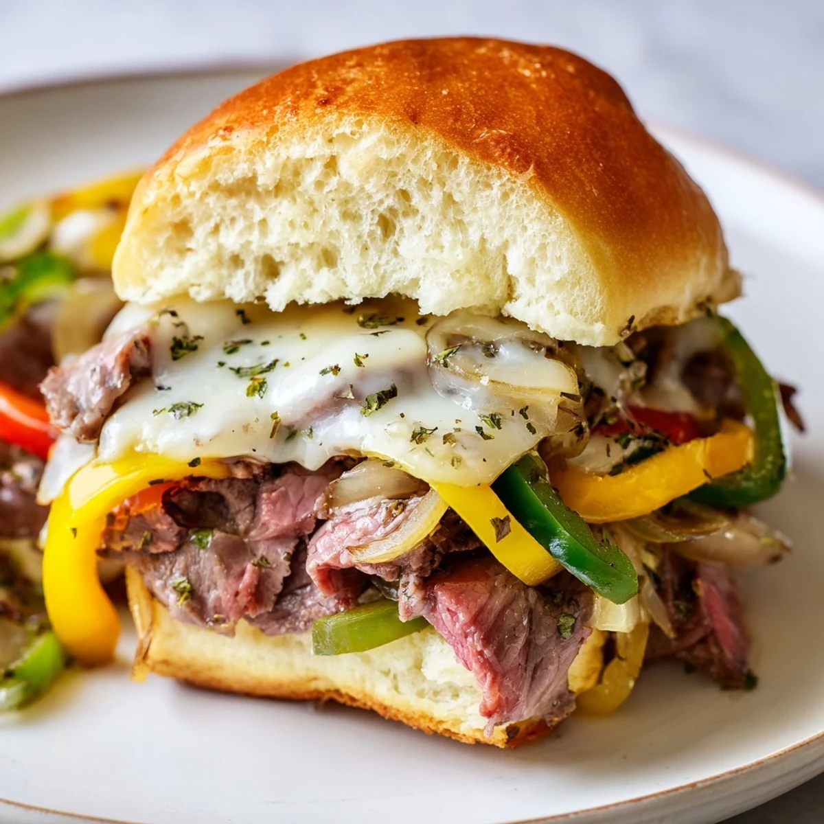 Golden-brown MVP Philly Cheesesteak Sliders with tender beef, onions, and peppers, ready for game day.  