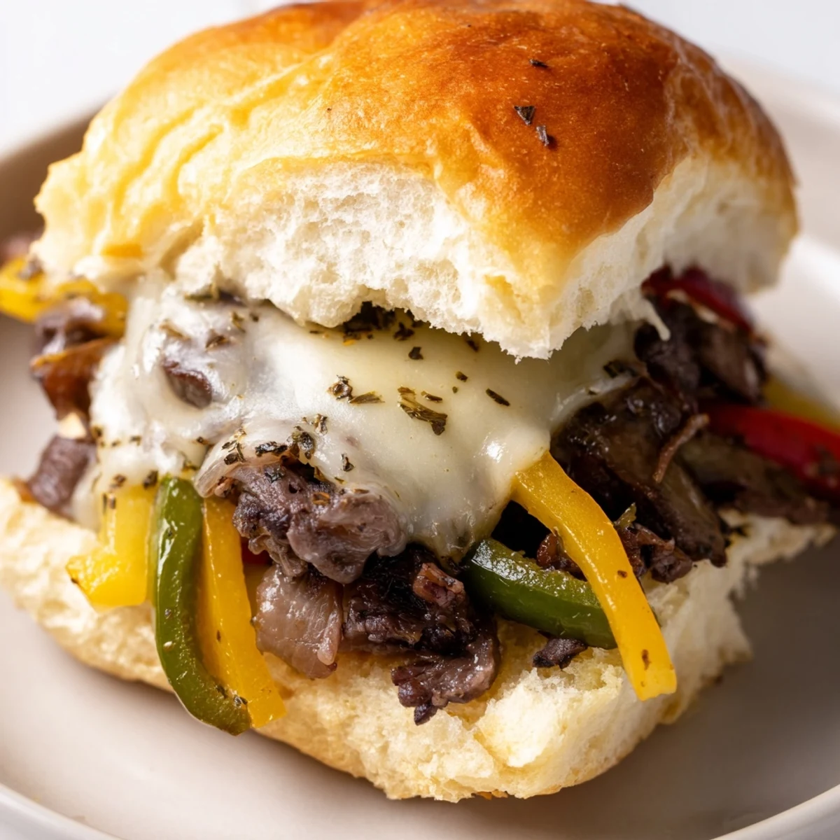 Freshly baked MVP Philly Cheesesteak Sliders on a wooden board, showcasing melted provolone and sautéed peppers.  