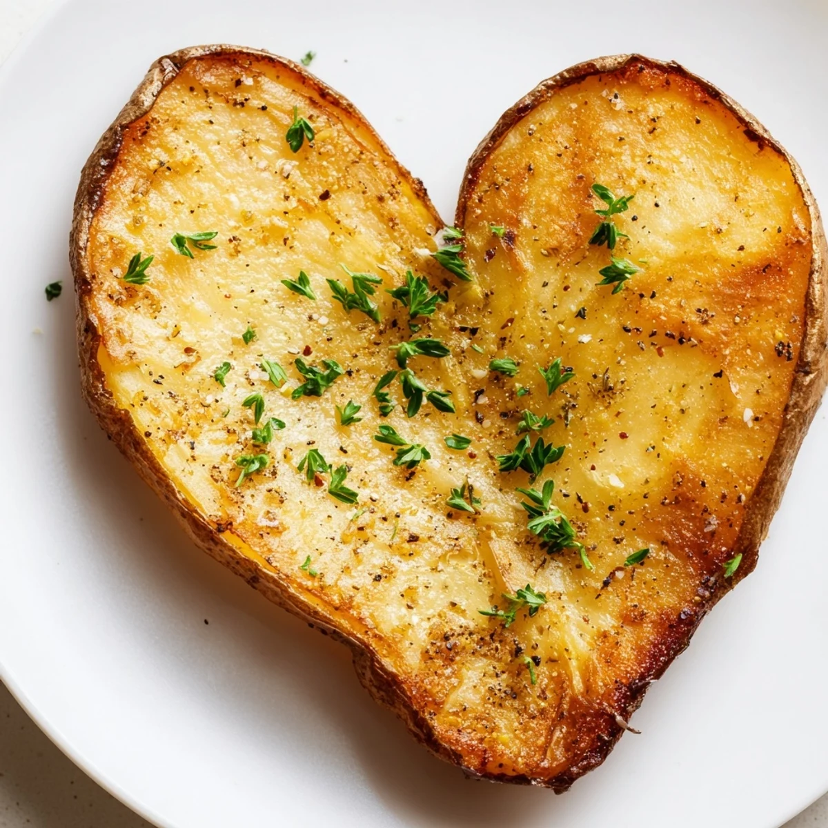 Golden-brown heart-shaped roasted potatoes, seasoned with garlic and thyme, arranged on a white ceramic platter garnished with fresh parsley for a festive side dish.  