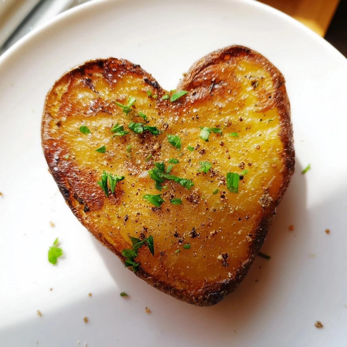 Crispy-edged heart-shaped roasted potatoes on a dark baking sheet, seasoned with sea salt and pepper, perfect for a romantic Valentine’s Day dinner side.  