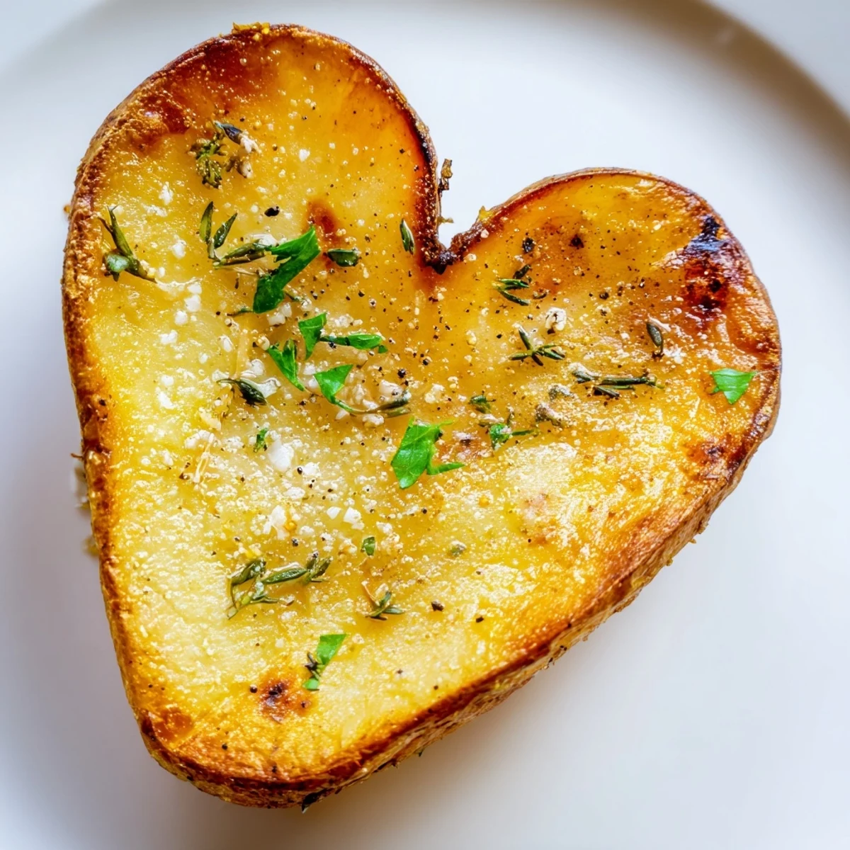 Freshly baked heart-shaped roasted potatoes with golden exteriors and fluffy interiors, served alongside roasted chicken on a wooden table for a cozy family meal.