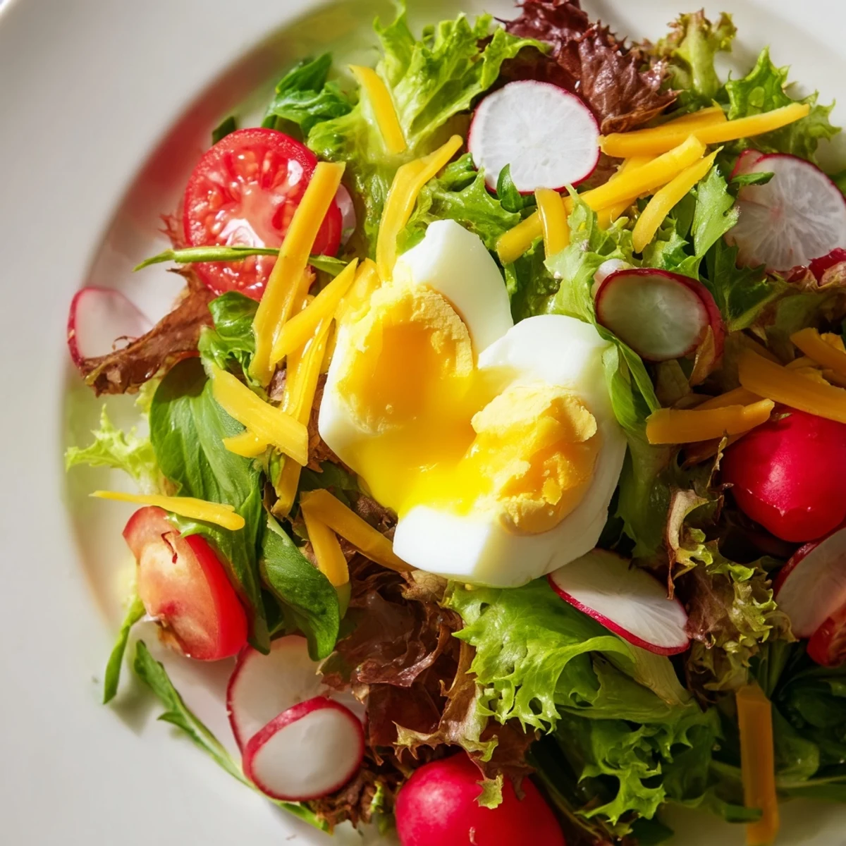 Bright and vibrant Irish Pub Salad with hard-boiled eggs, crisp greens, and diced sharp cheddar cheese on a white plate.