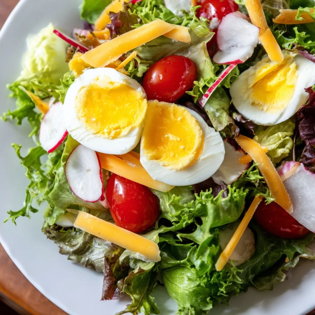 Freshly prepared Irish Pub Salad featuring hard-boiled eggs, shredded carrots, and radishes, ready to be drizzled with dressing.