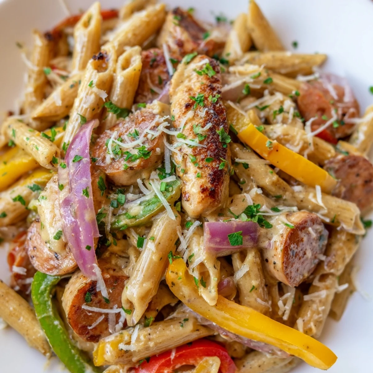 Steaming Mardi Gras pasta with creamy Cajun sauce tossed with colorful peppers and chicken.  