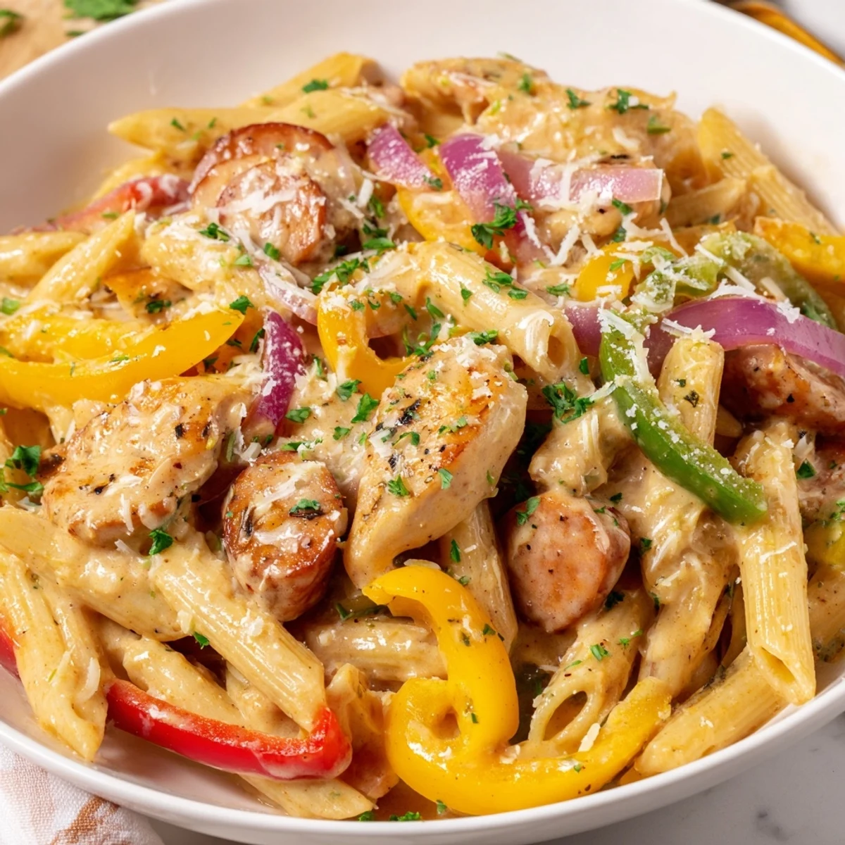 Golden-brown Cajun chicken and andouille sausage sizzling in a rich, spicy cream sauce.  
