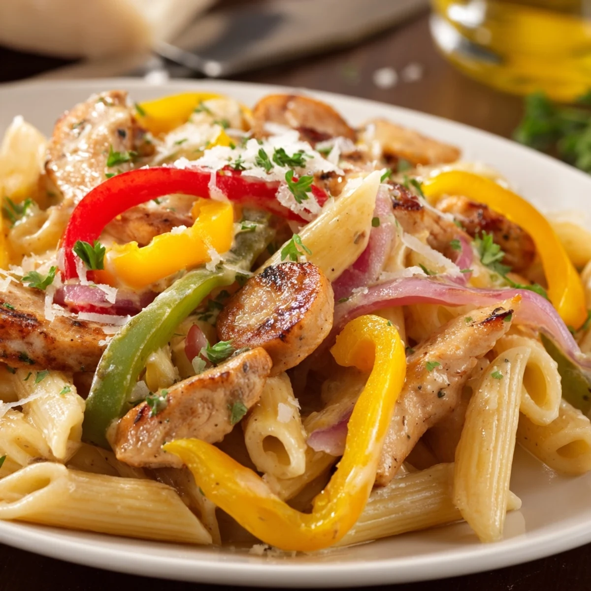 Plated Mardi Gras pasta garnished with parsley and Parmesan, ready for a festive dinner.