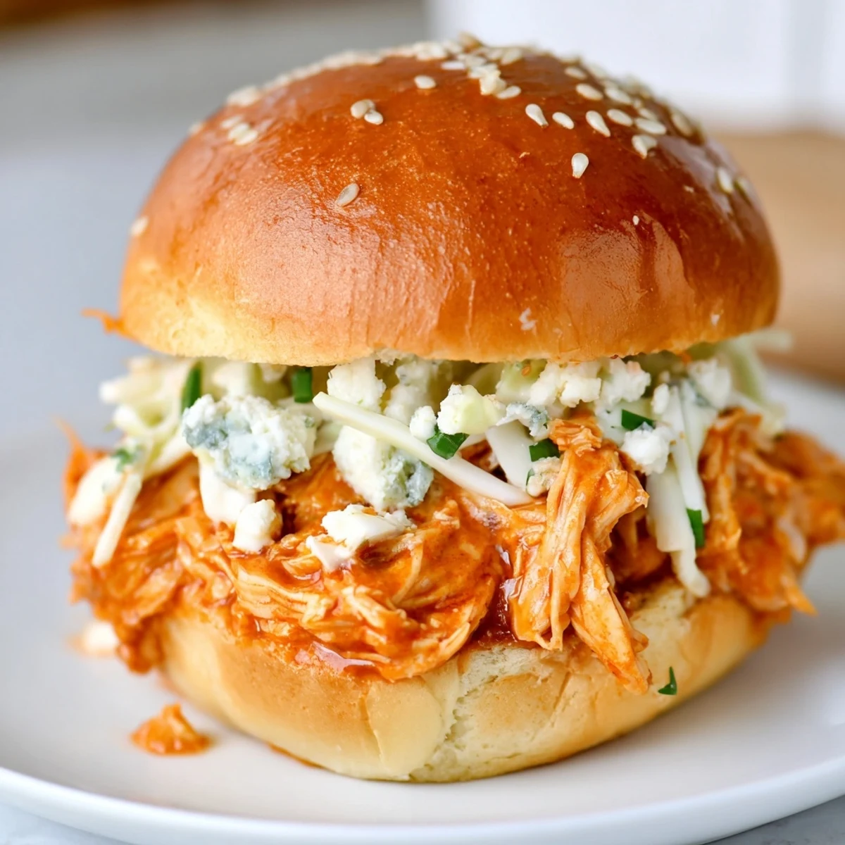 Golden-brown Super Bowl Buffalo Chicken Sliders topped with creamy ranch slaw and fresh chives.