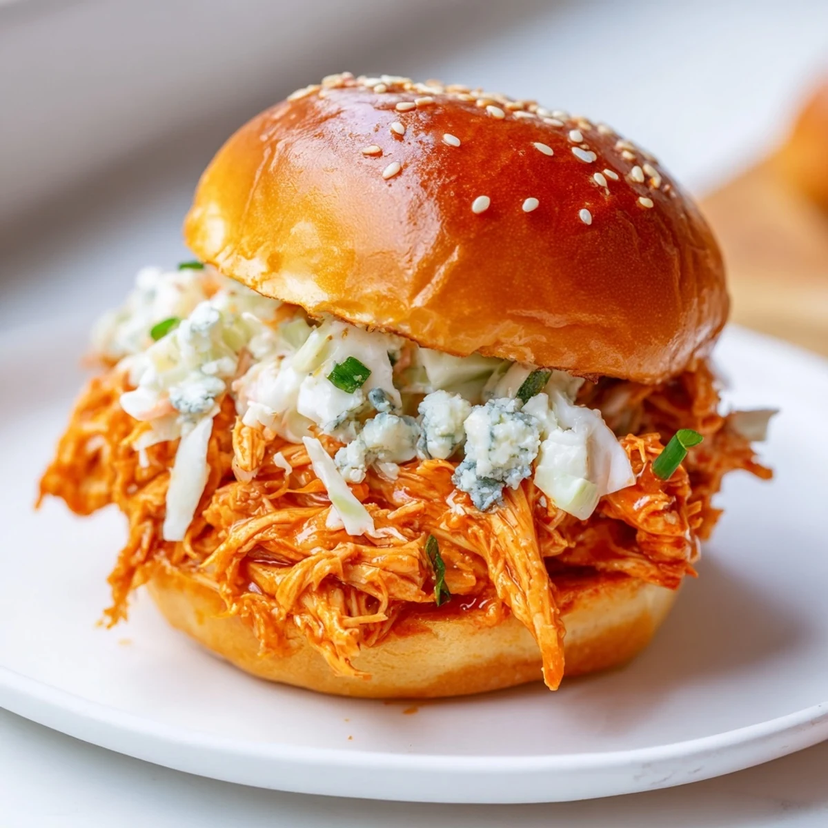 Soft slider buns stuffed with spicy shredded buffalo chicken and crisp ranch slaw.