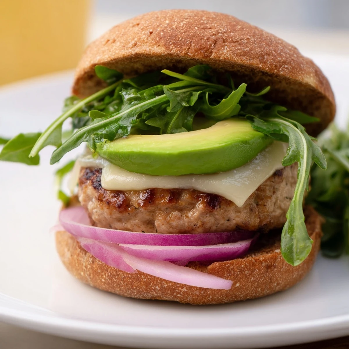 A juicy turkey burger with melted Swiss cheese and creamy avocado slices on a toasted whole wheat bun with fresh arugula.