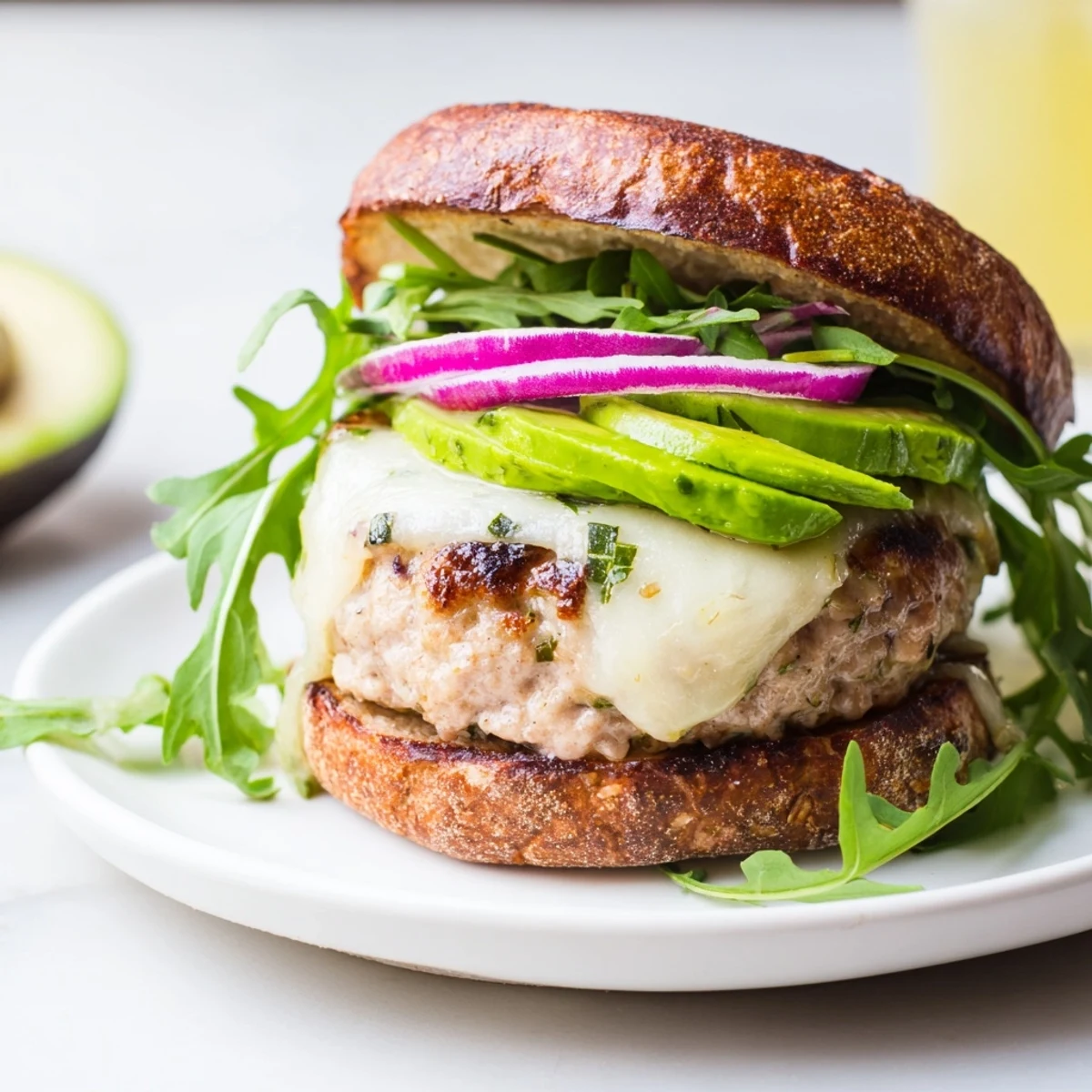 Swiss cheese melting over a lean turkey burger patty, topped with ripe avocado and red onion on a grilled burger bun.